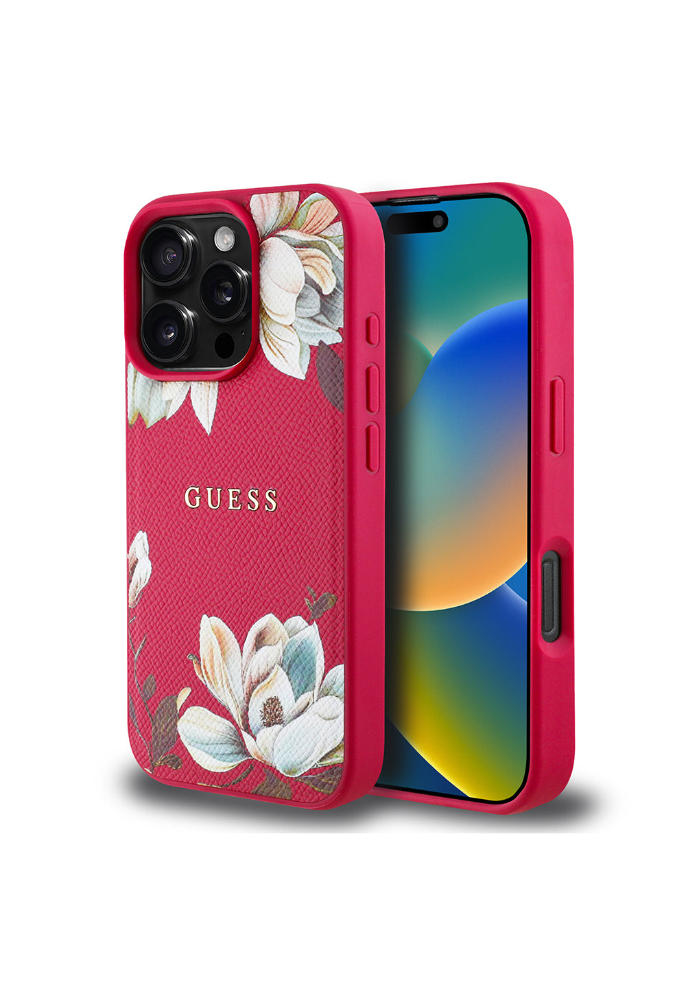 Apple iPhone 16 Pro Max Kılıf Guess Orijinal Lisanslı Manyetik Şarj Uyumlu Taneli Çiçek Tasarımlı Metal Yazı Logolu Kapak