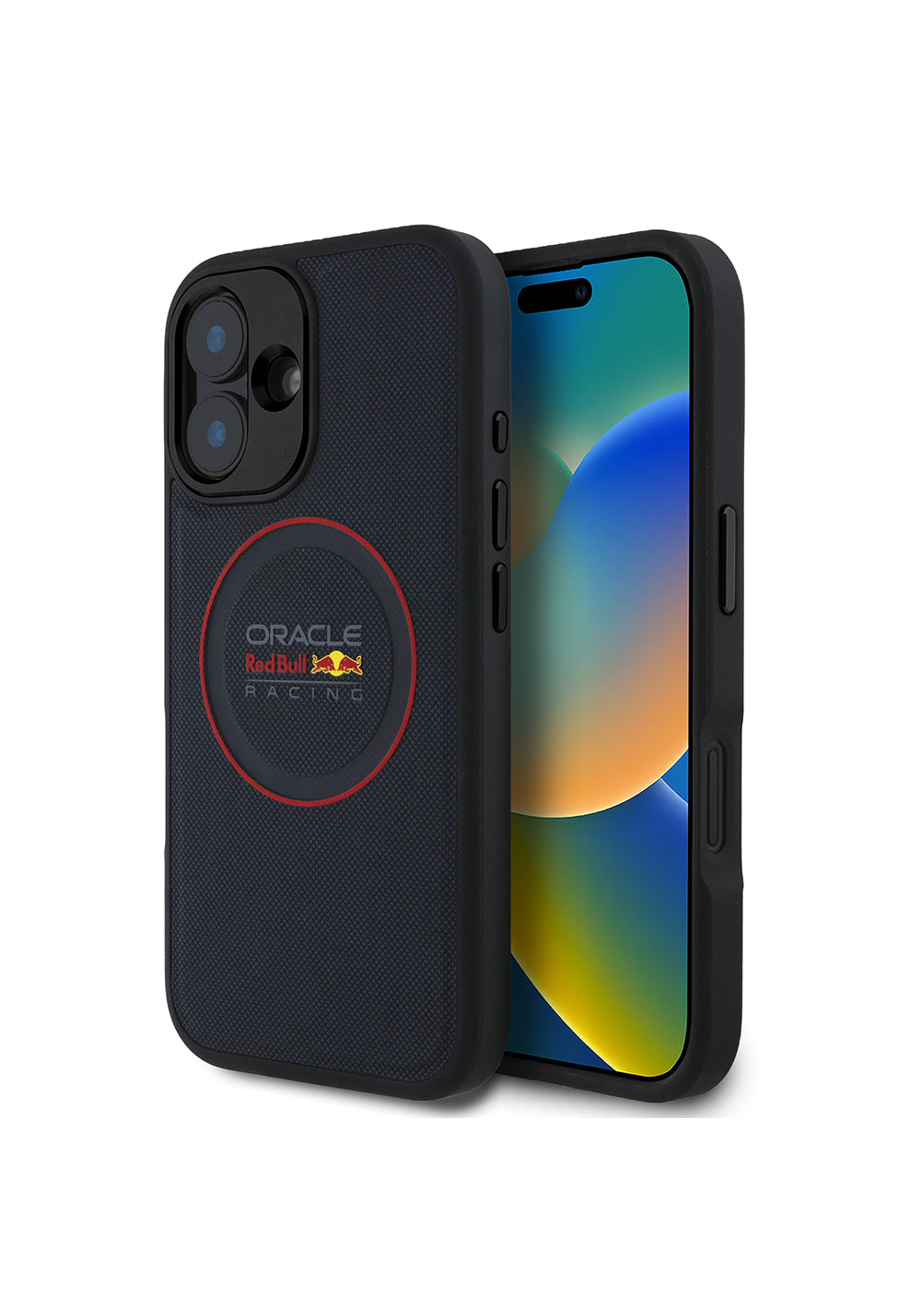 Apple iPhone 16 Plus Kılıf Redbull Orijinal Lisanslı Manyetik Şarj Uyumlu Kırmızı Halka ve Logo Kabartmalı PU Deri Kapak