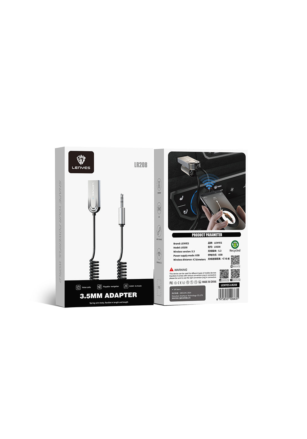 Lenyes LR208 Spiral Kablo Tasarımlı Dahili Mikrofonlu Kablosuz Ses Alıcı AUX Bluetooth v5.3 Adaptör