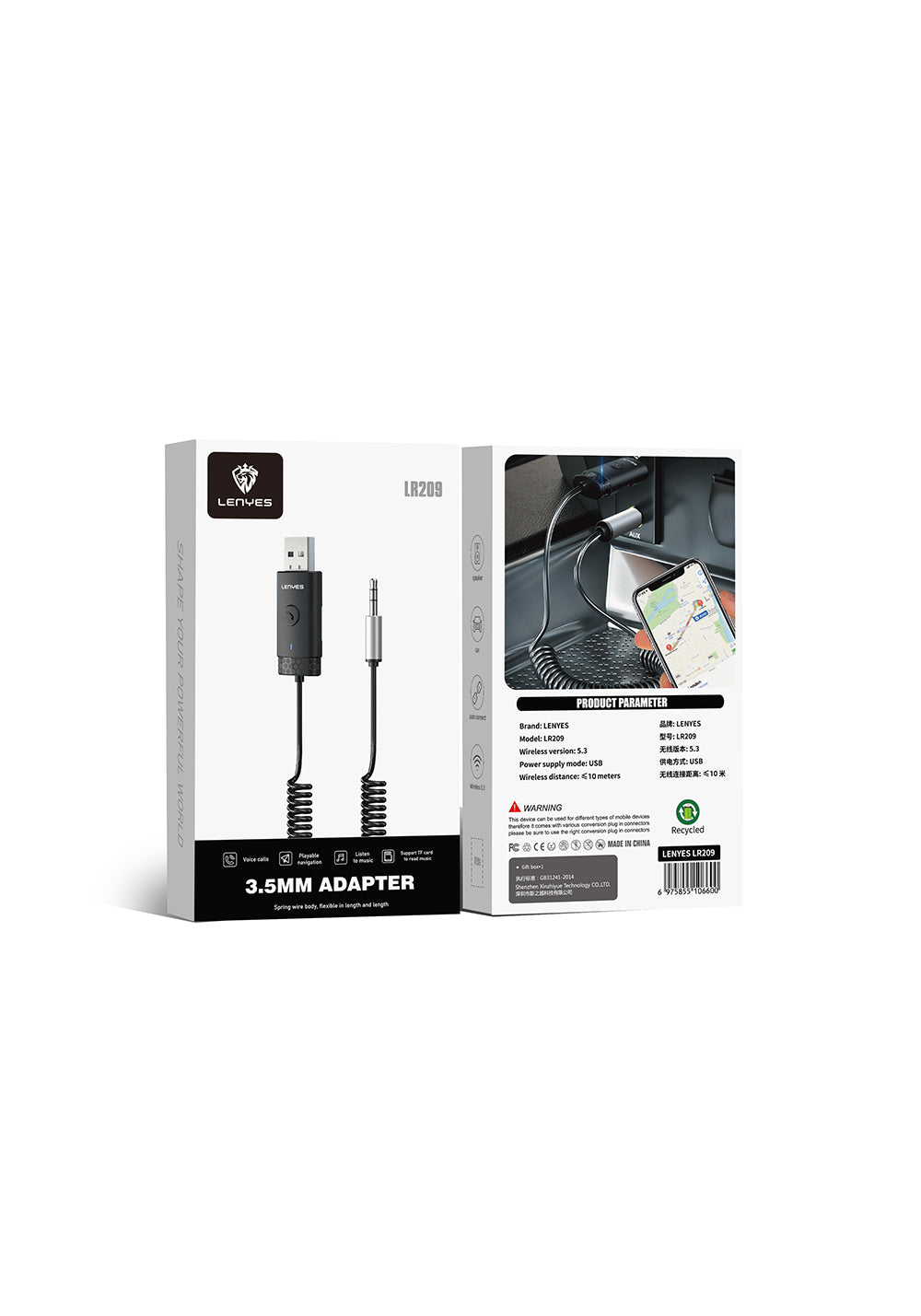 Lenyes LR209 Spiral Kablo Tasarımlı Dahili Mikrofonlu Kablosuz Ses Alıcı AUX Bluetooth v5.3 Adaptör
