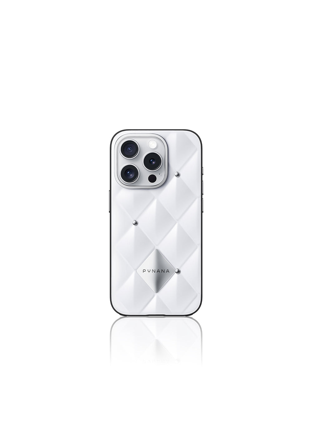 Apple iPhone 16 Pro Max Kılıf Parlak Arka Yüzeyli Kabartma Tasarımlı Kapitone Pynana Metal Diamond Serisi Kapak