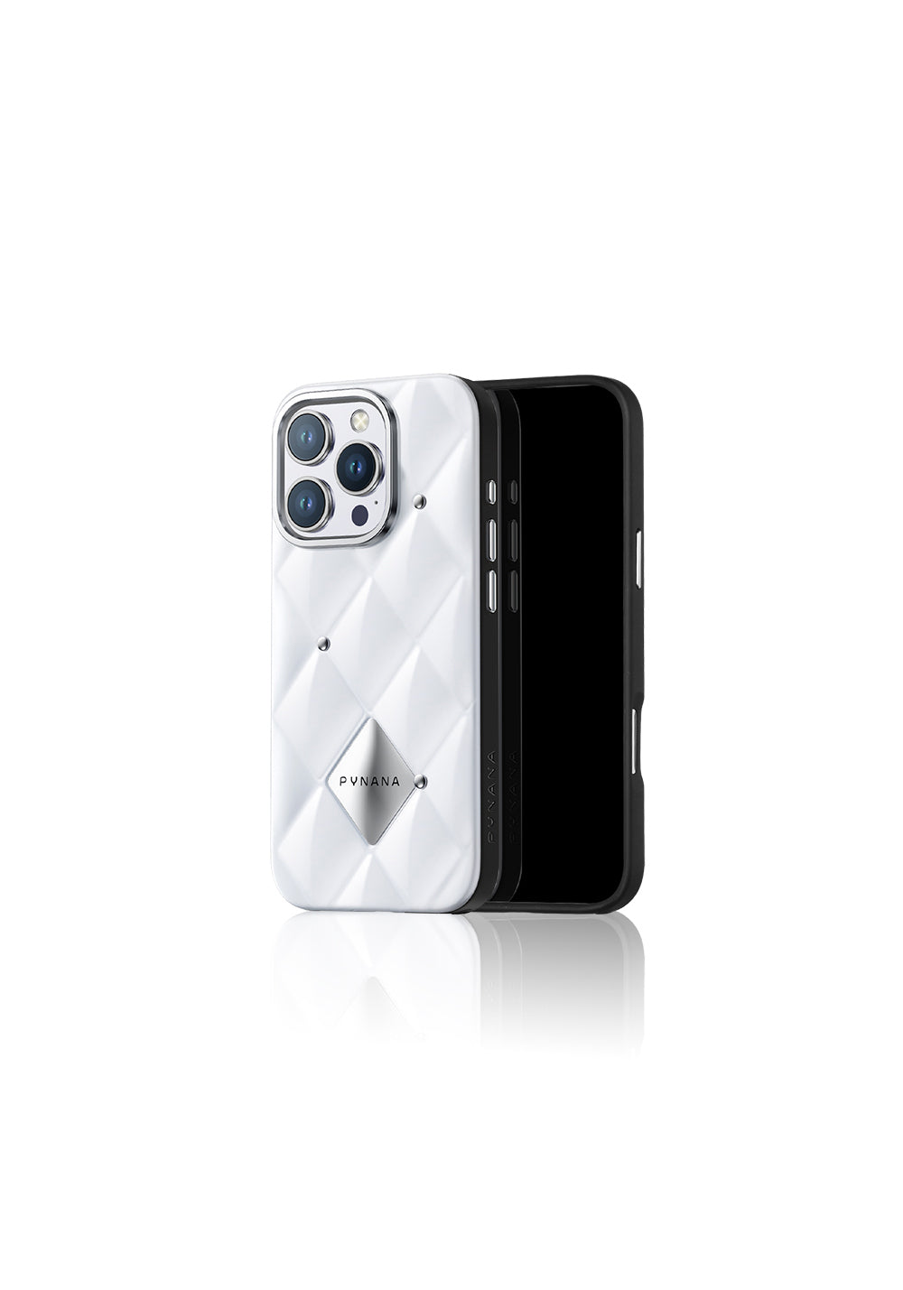 Apple iPhone 16 Pro Max Kılıf Parlak Arka Yüzeyli Kabartma Tasarımlı Kapitone Pynana Metal Diamond Serisi Kapak
