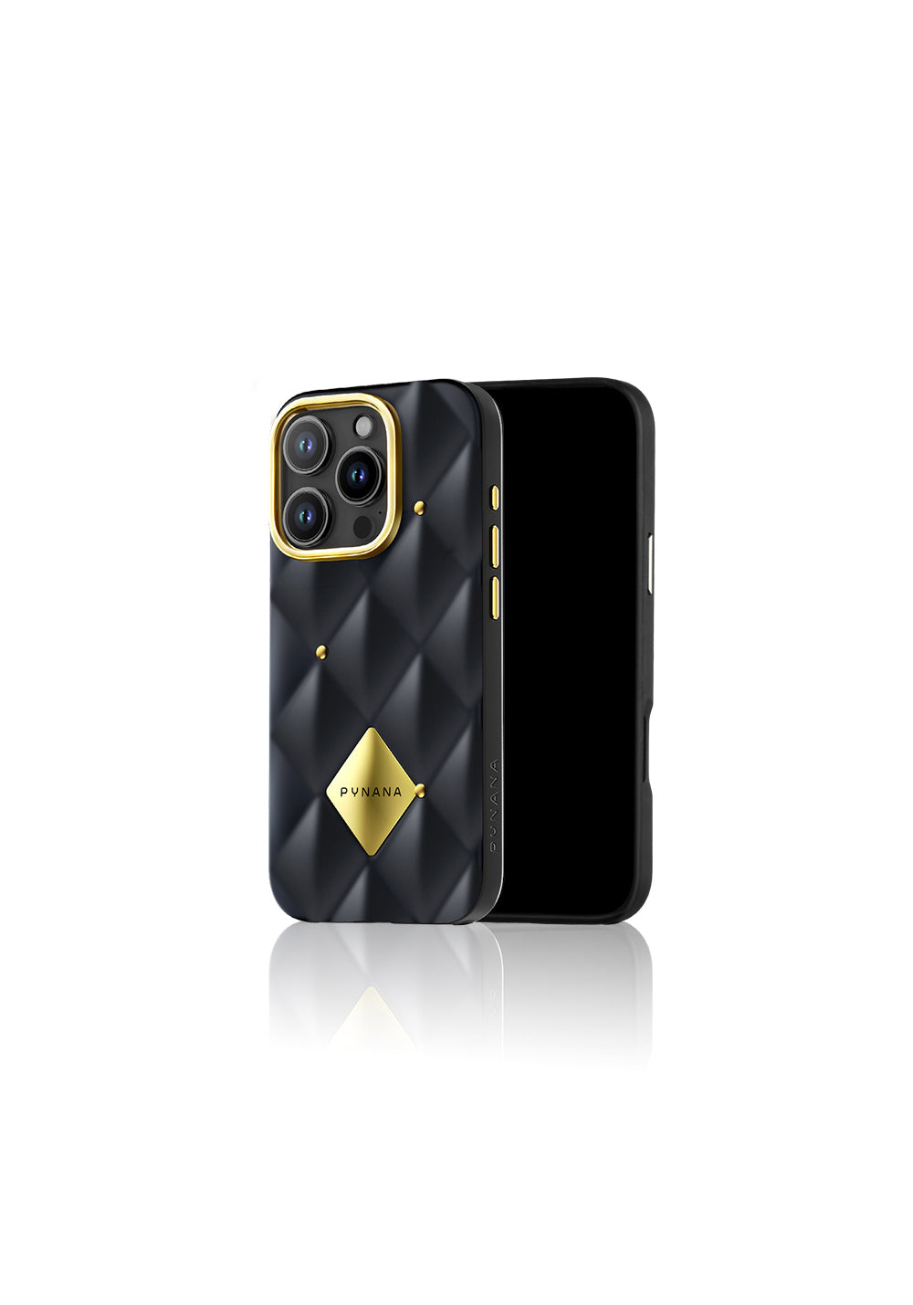Apple iPhone 16 Pro Max Kılıf Parlak Arka Yüzeyli Kabartma Tasarımlı Kapitone Pynana Metal Diamond Serisi Kapak