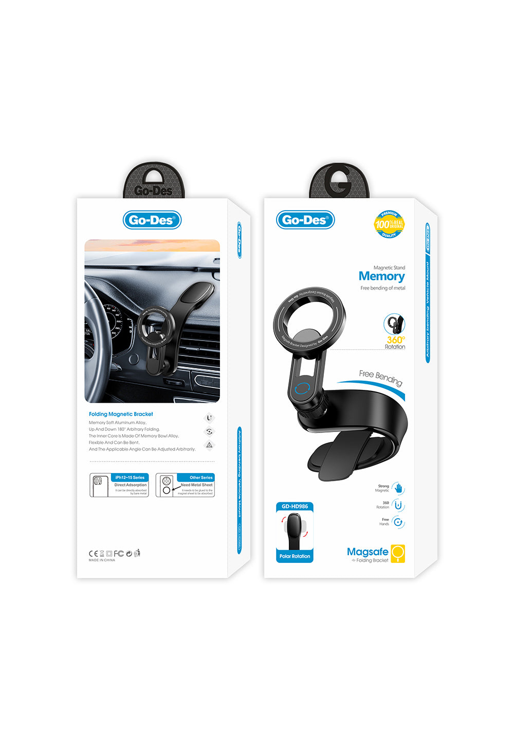 Go Des GD-HD986 Magnetik M-safe Uyumlu Bükülebilen Eğimi ve Düz Zemin Araç Telefon Tutucu