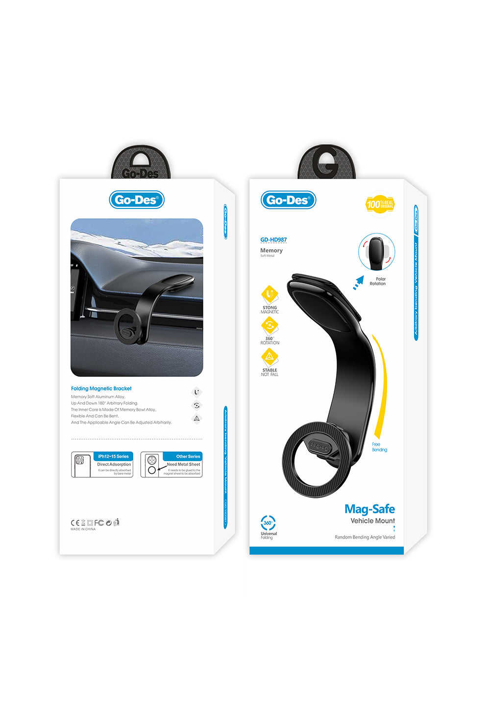 Go Des GD-HD987 Magnetik M-safe Uyumlu Bükülebilen Eğimi ve Düz Zemin Araç Telefon Tutucu