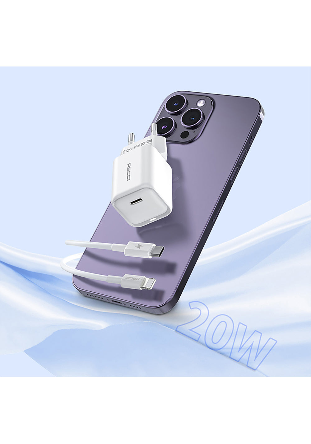 Recci RC65E Hızlı Şarj Başlığı Type-C to Lightning PD 20W Kablolu Şarj Seti