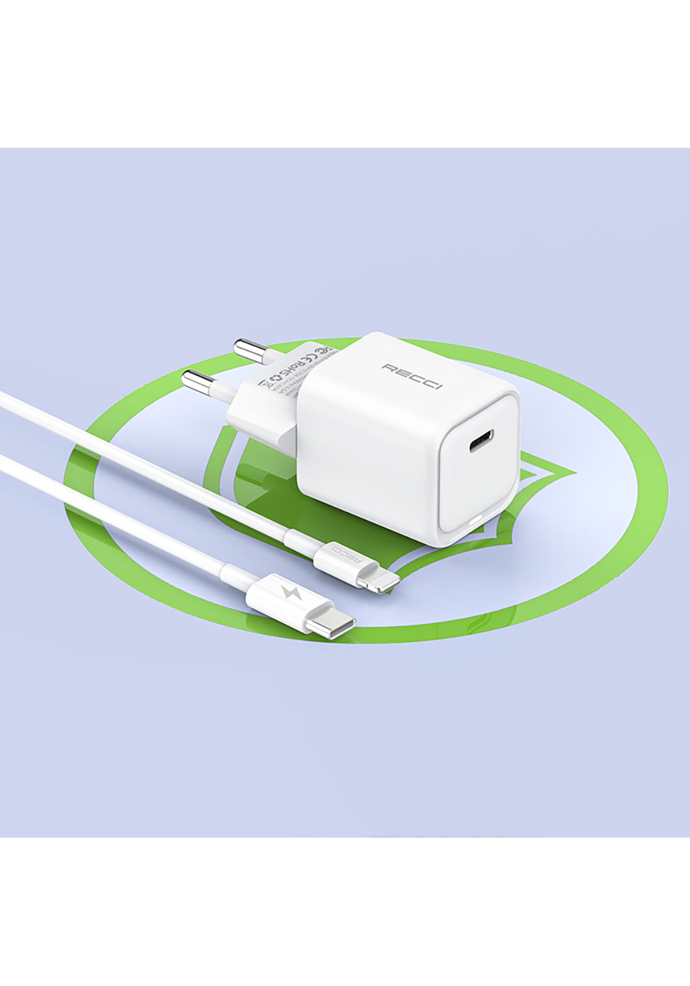 Recci RC65E Hızlı Şarj Başlığı Type-C to Lightning PD 20W Kablolu Şarj Seti