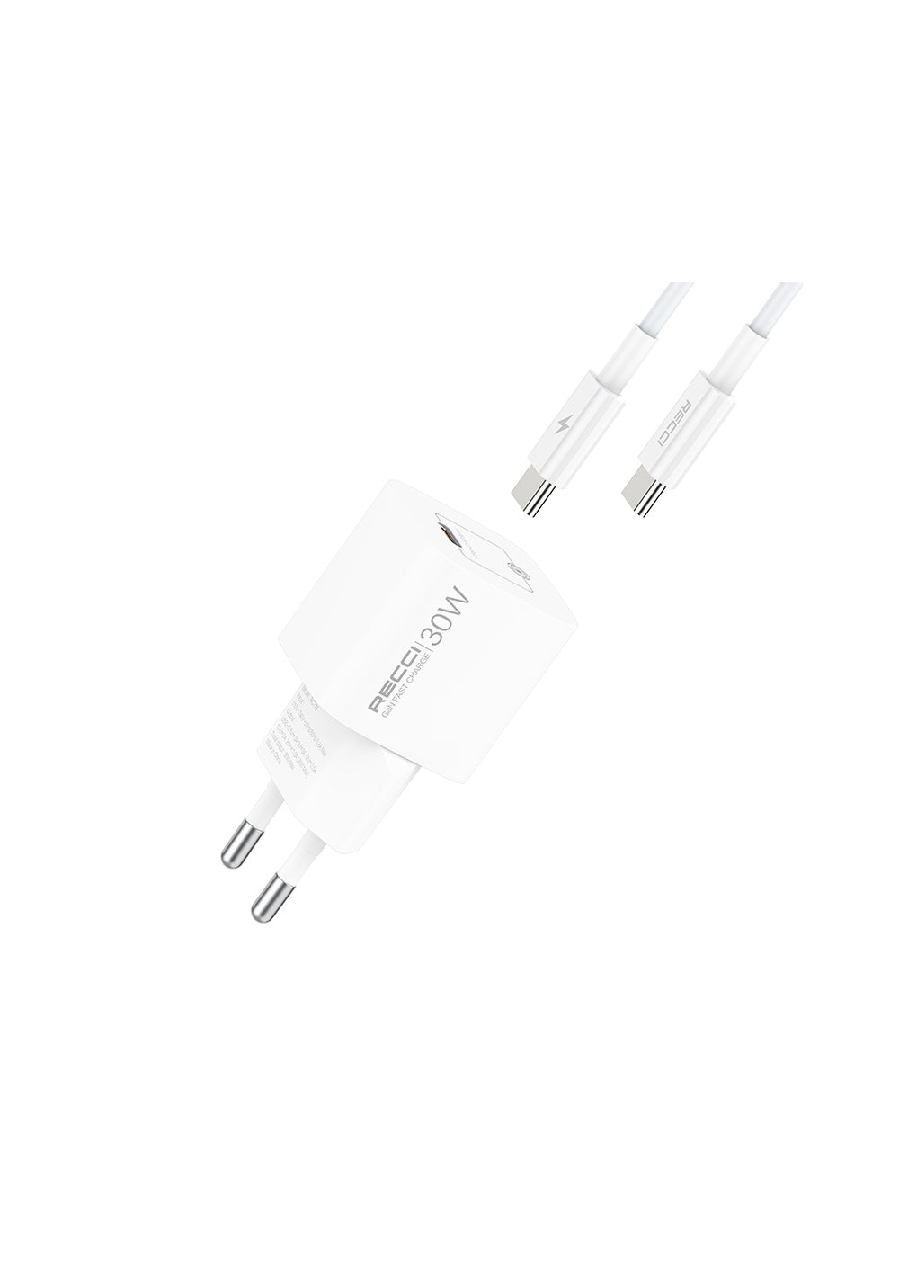 Recci RC77E GaN Teknolojili Hızlı Şarj Başlığı Type-C to Type-C PD 30W Kablolu Şarj Seti