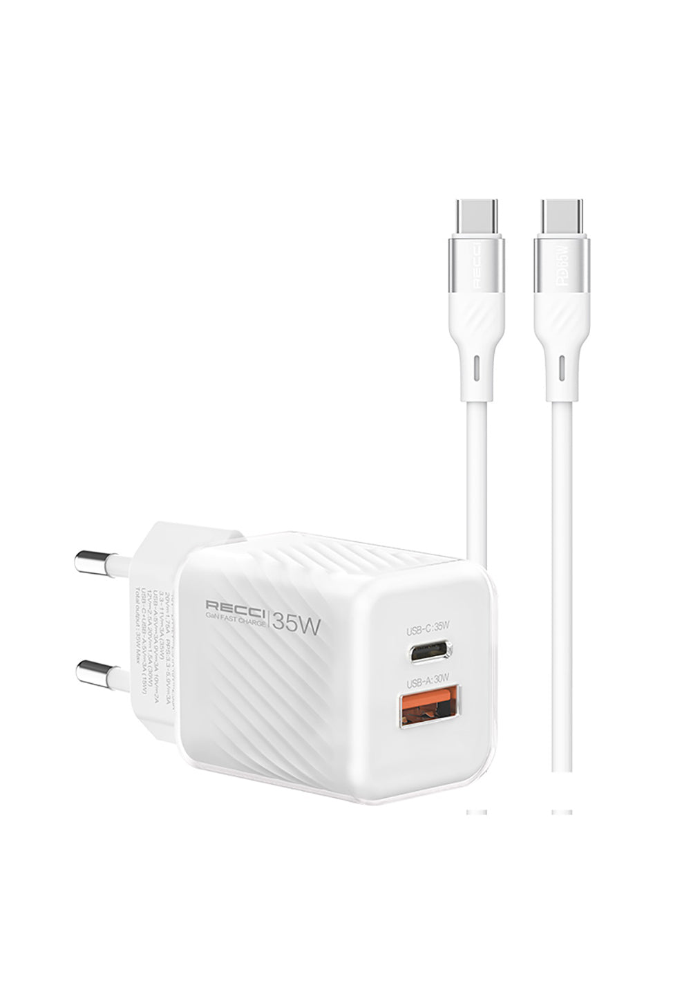 Recci RC83ECC GaN Teknolojili Hızlı Şarj Başlığı USB-A to Type-C PD 35W Kablolu Şarj Seti