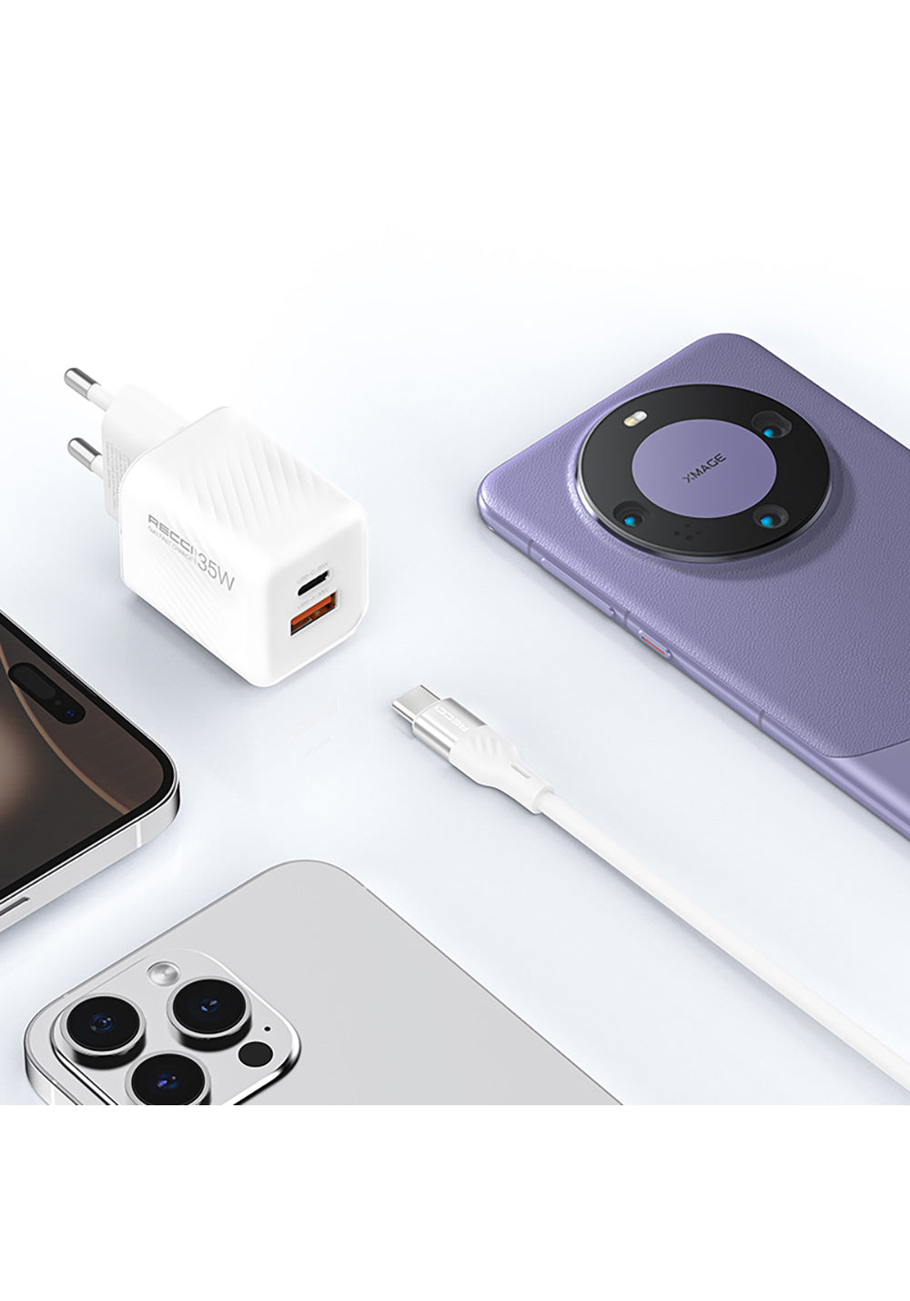 Recci RC83ECC GaN Teknolojili Hızlı Şarj Başlığı USB-A to Type-C PD 35W Kablolu Şarj Seti