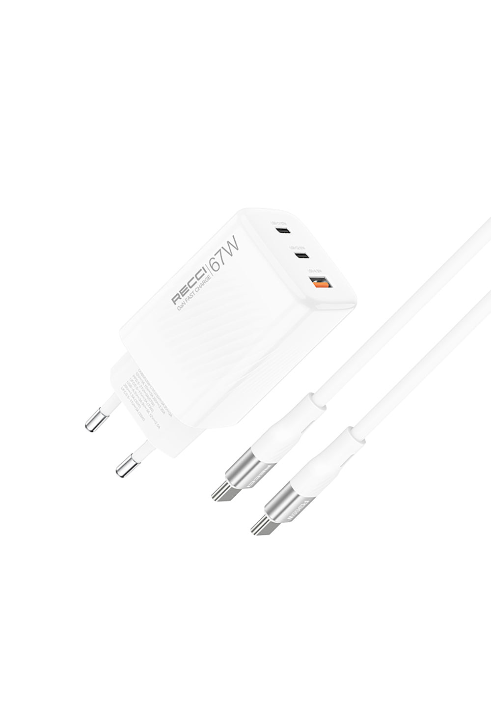Recci RC85E GaN Teknolojili Hızlı Şarj Başlığı USB-A to Type-C PD 67W Kablolu Şarj Seti