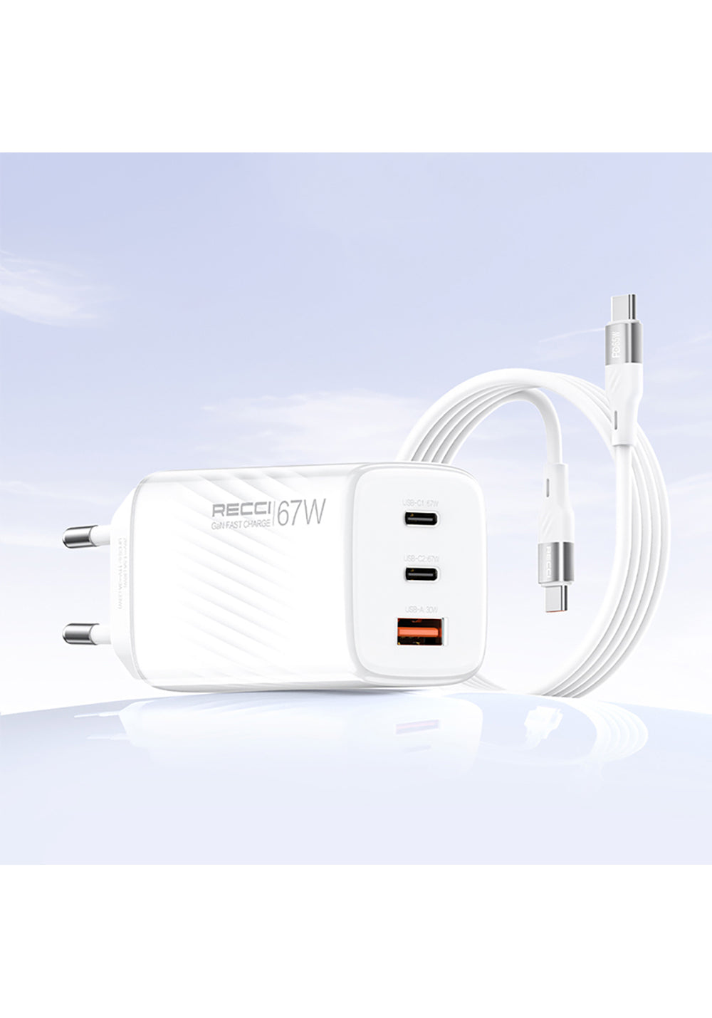 Recci RC85E GaN Teknolojili Hızlı Şarj Başlığı USB-A to Type-C PD 67W Kablolu Şarj Seti