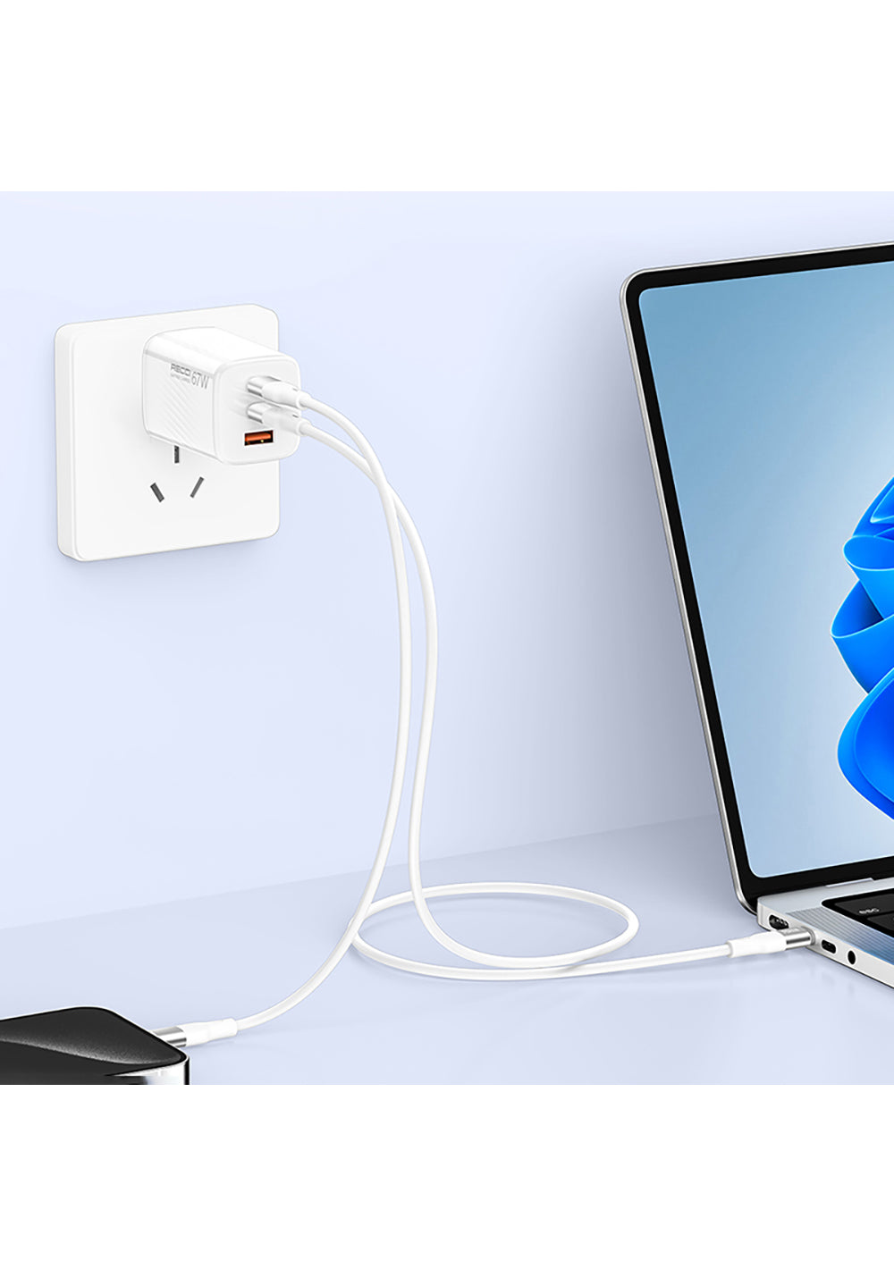 Recci RC85E GaN Teknolojili Hızlı Şarj Başlığı USB-A to Type-C PD 67W Kablolu Şarj Seti