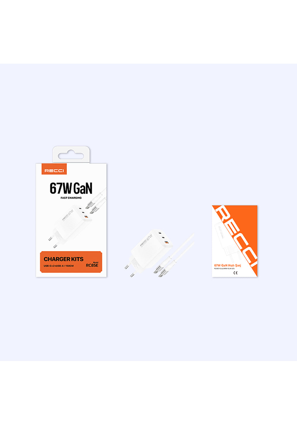 Recci RC85E GaN Teknolojili Hızlı Şarj Başlığı USB-A to Type-C PD 67W Kablolu Şarj Seti