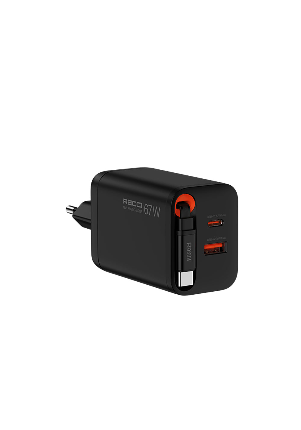 Recci RC103E GaN Teknolojili Hızlı Şarj Başlığı USB-A to Type-C PD 67W Type-C Kablolu Şarj Seti