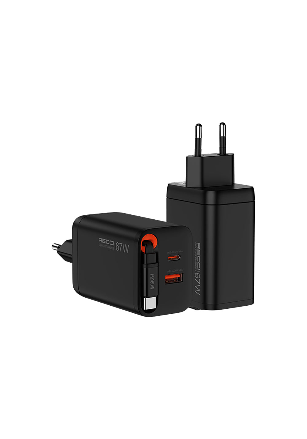 Recci RC103E GaN Teknolojili Hızlı Şarj Başlığı USB-A to Type-C PD 67W Type-C Kablolu Şarj Seti
