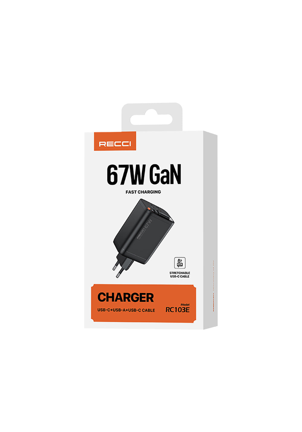 Recci RC103E GaN Teknolojili Hızlı Şarj Başlığı USB-A to Type-C PD 67W Type-C Kablolu Şarj Seti