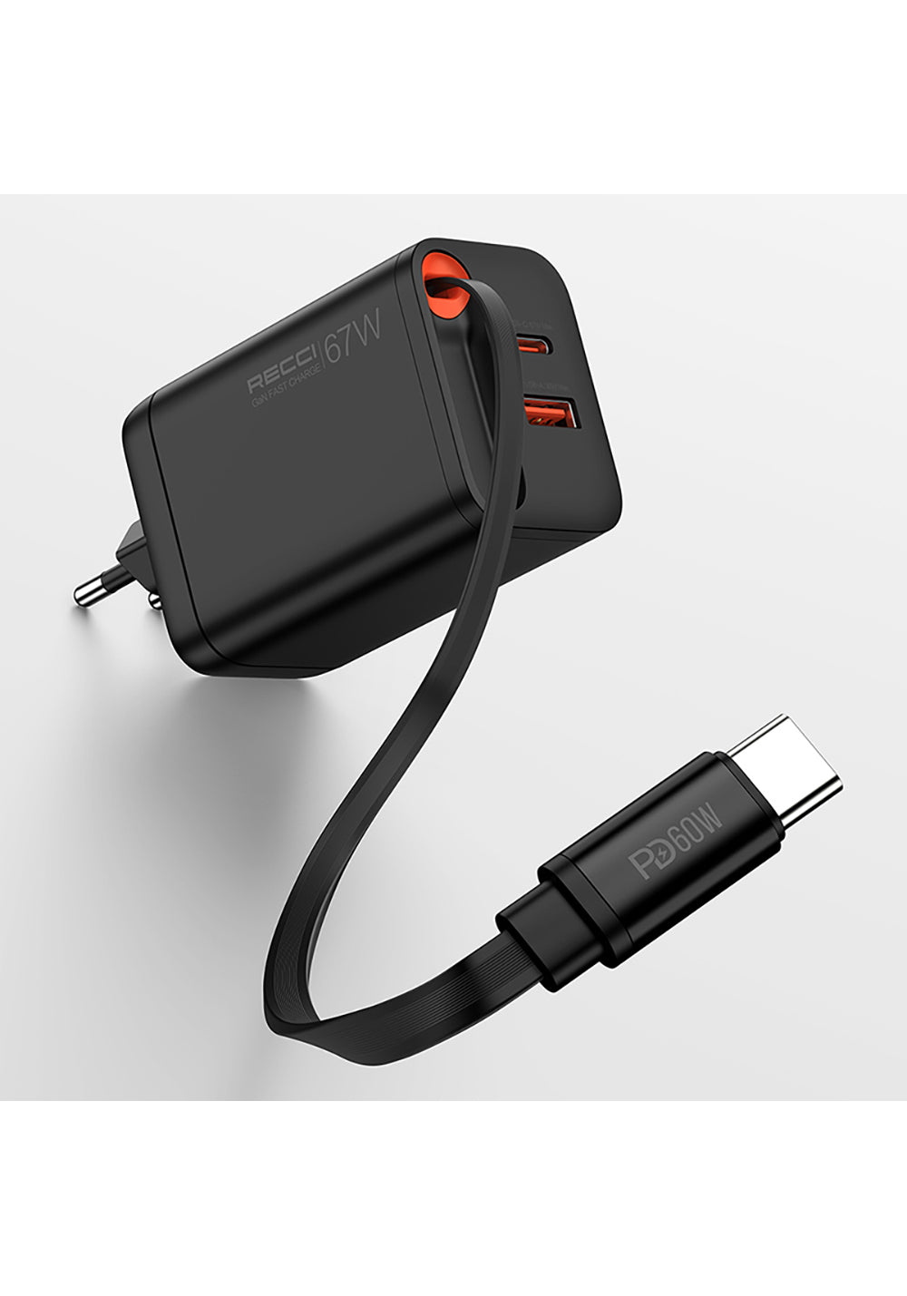 Recci RC103E GaN Teknolojili Hızlı Şarj Başlığı USB-A to Type-C PD 67W Type-C Kablolu Şarj Seti
