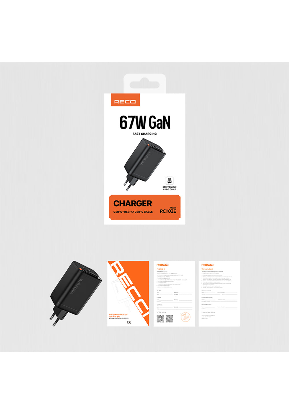 Recci RC103E GaN Teknolojili Hızlı Şarj Başlığı USB-A to Type-C PD 67W Type-C Kablolu Şarj Seti