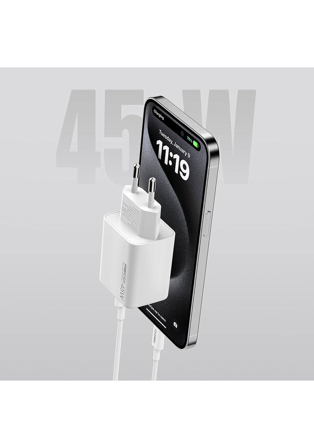 Recci RC108E GaN Teknolojili Hızlı Şarj Başlığı Type-C to Type-C PD 45W Kablolu Şarj Seti