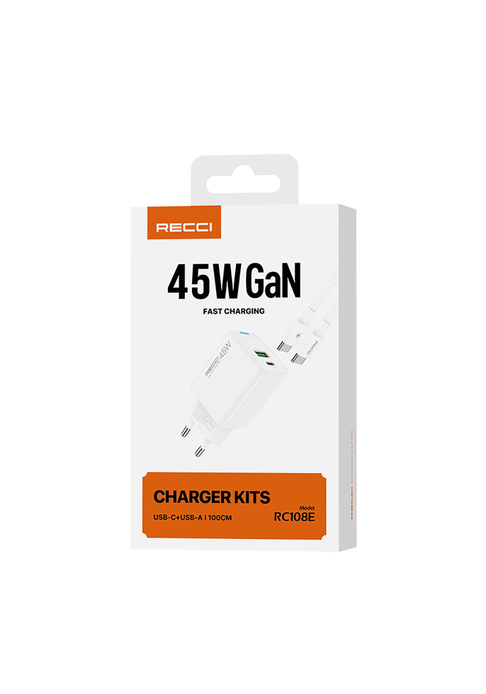 Recci RC108E GaN Teknolojili Hızlı Şarj Başlığı Type-C to Type-C PD 45W Kablolu Şarj Seti