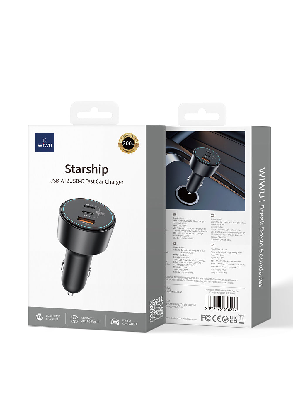 Wiwu Wi-QC026 Starship Serisi Hızlı Şarj Özellikli Dual Type-C + USB-A Portlu Araç Şarj Aleti 200W