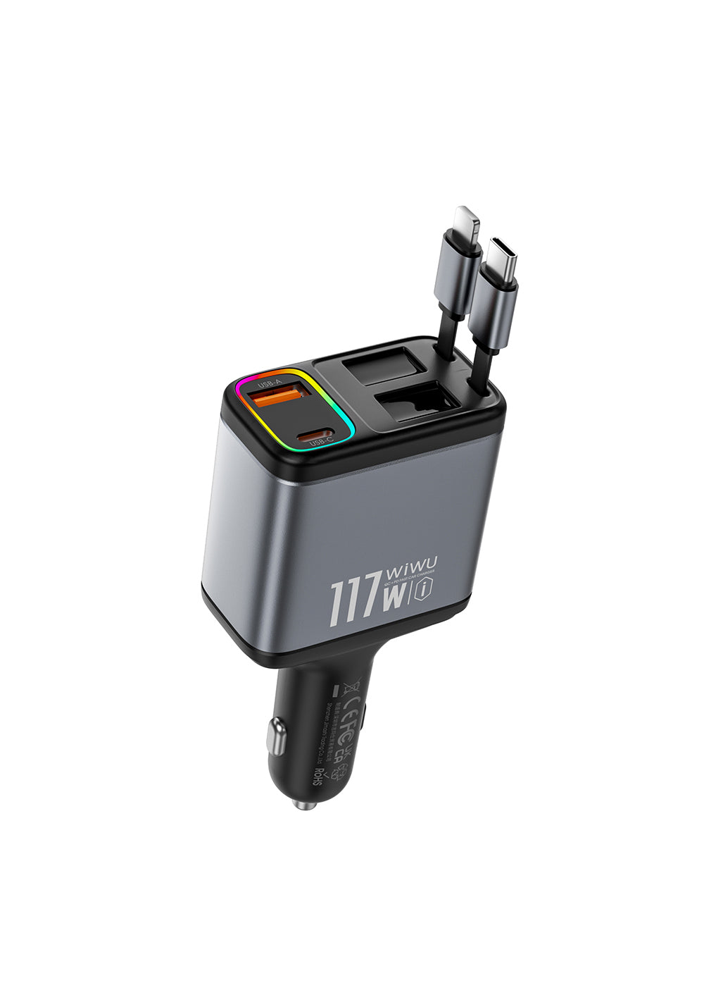 Wiwu Wi-QC027 Exeed Serisi Type-C&Lightning Kablolu + USB-A Hızlı Şarj Özellikli Led Göstergeli Araç Şarj Aleti 117W
