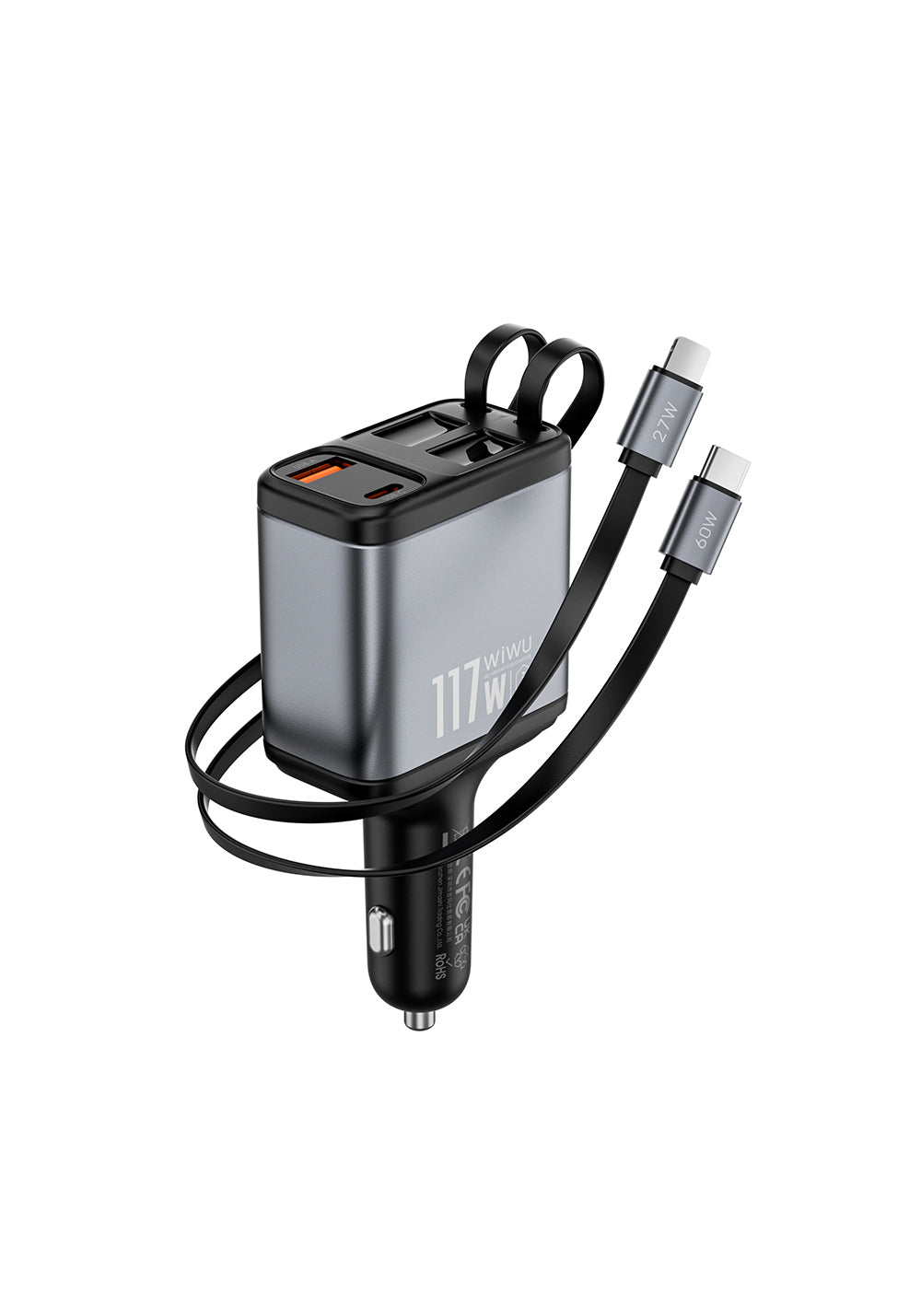 Wiwu Wi-QC027 Exeed Serisi Type-C&Lightning Kablolu + USB-A Hızlı Şarj Özellikli Led Göstergeli Araç Şarj Aleti 117W