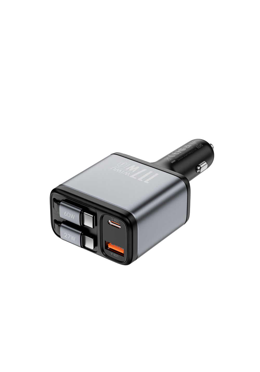 Wiwu Wi-QC027 Exeed Serisi Type-C&Lightning Kablolu + USB-A Hızlı Şarj Özellikli Led Göstergeli Araç Şarj Aleti 117W
