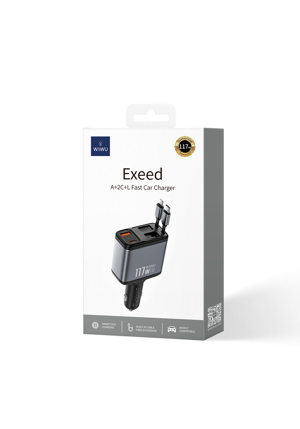 Wiwu Wi-QC027 Exeed Serisi Type-C&Lightning Kablolu + USB-A Hızlı Şarj Özellikli Led Göstergeli Araç Şarj Aleti 117W