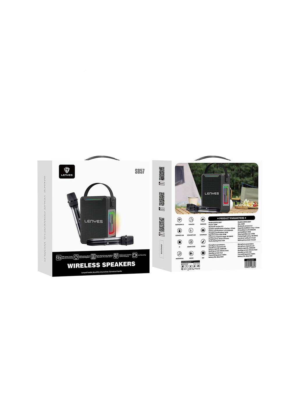 Lenyes S857 RGB Işıklı Çift Mikrofonlu Taşınabilir TWS Bluetooth Speaker Hoparlör v5.3