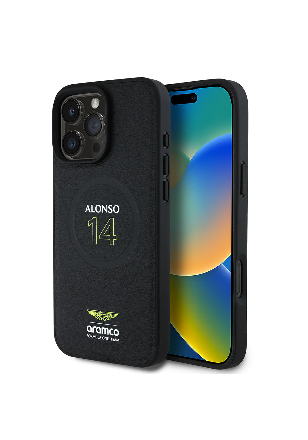 Apple iPhone 16 Pro Kılıf Aston Martin Orijinal Lisanslı Manyetik Şarj Uyumlu PU Deri Alonso 14 Baskılı Kapak