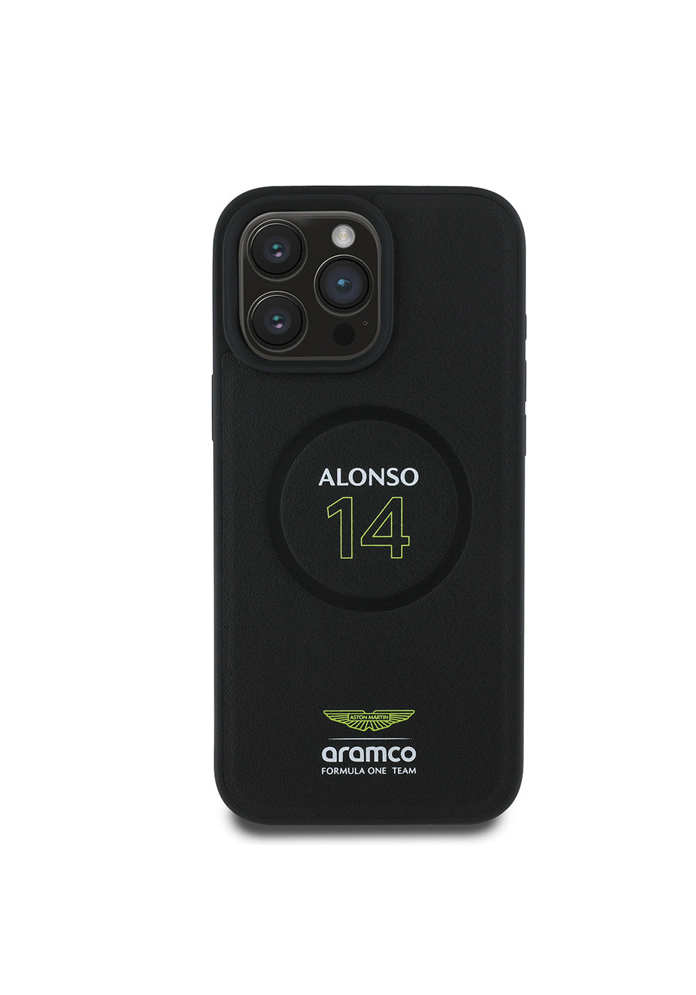Apple iPhone 16 Pro Kılıf Aston Martin Orijinal Lisanslı Manyetik Şarj Uyumlu PU Deri Alonso 14 Baskılı Kapak