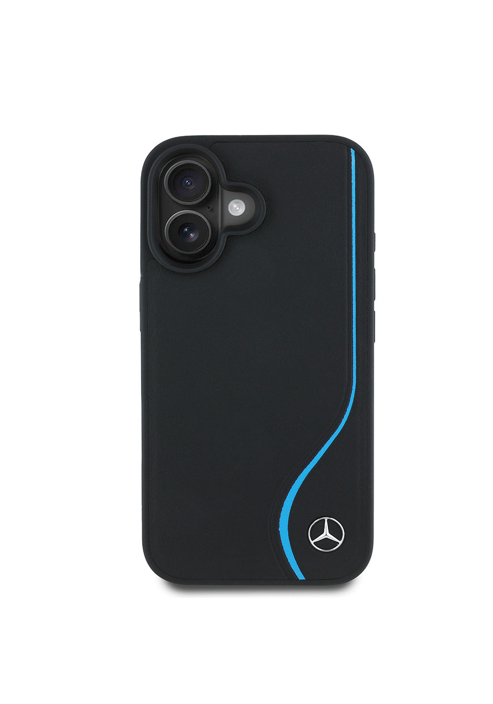 Apple iPhone 16 Kılıf Mercedes Benz Orijinal Lisanslı Manyetik Şarj Uyumlu 3D Metal Logolu Mavi Dikey Eğri Çizgili Deri Kapak