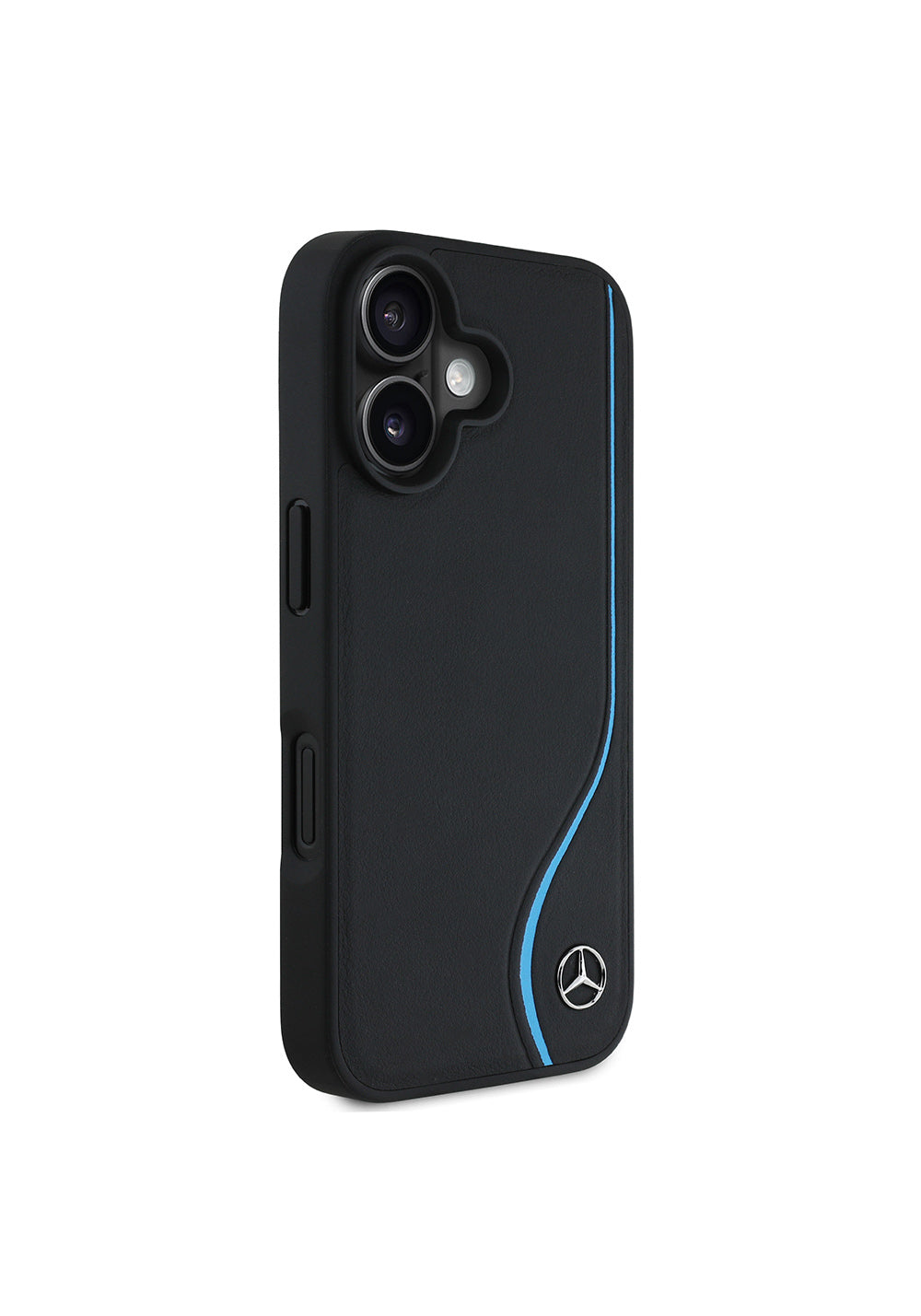 Apple iPhone 16 Kılıf Mercedes Benz Orijinal Lisanslı Manyetik Şarj Uyumlu 3D Metal Logolu Mavi Dikey Eğri Çizgili Deri Kapak