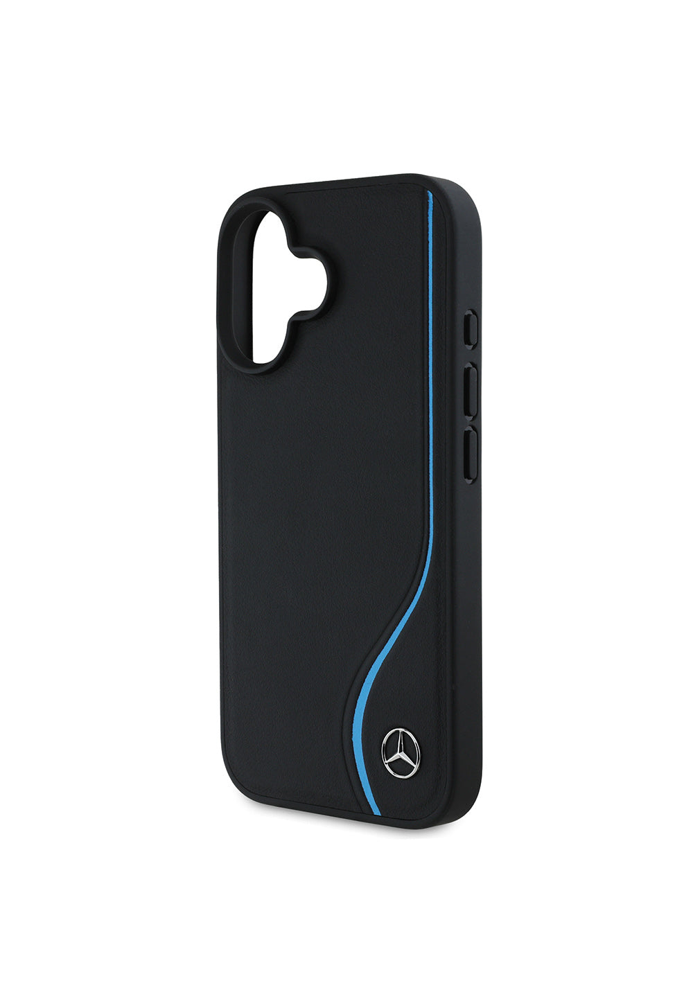 Apple iPhone 16 Kılıf Mercedes Benz Orijinal Lisanslı Manyetik Şarj Uyumlu 3D Metal Logolu Mavi Dikey Eğri Çizgili Deri Kapak