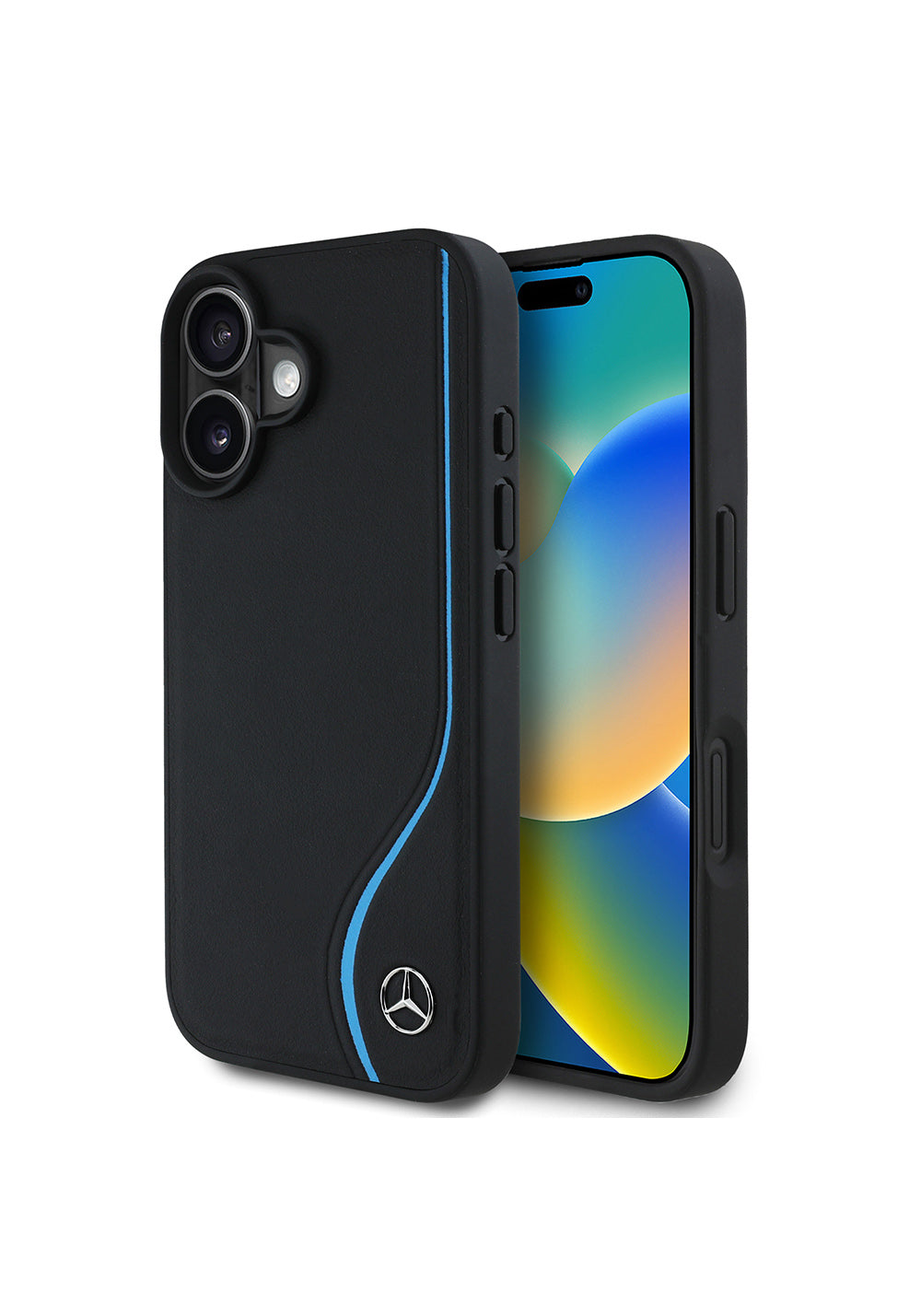 Apple iPhone 16 Kılıf Mercedes Benz Orijinal Lisanslı Manyetik Şarj Uyumlu 3D Metal Logolu Mavi Dikey Eğri Çizgili Deri Kapak
