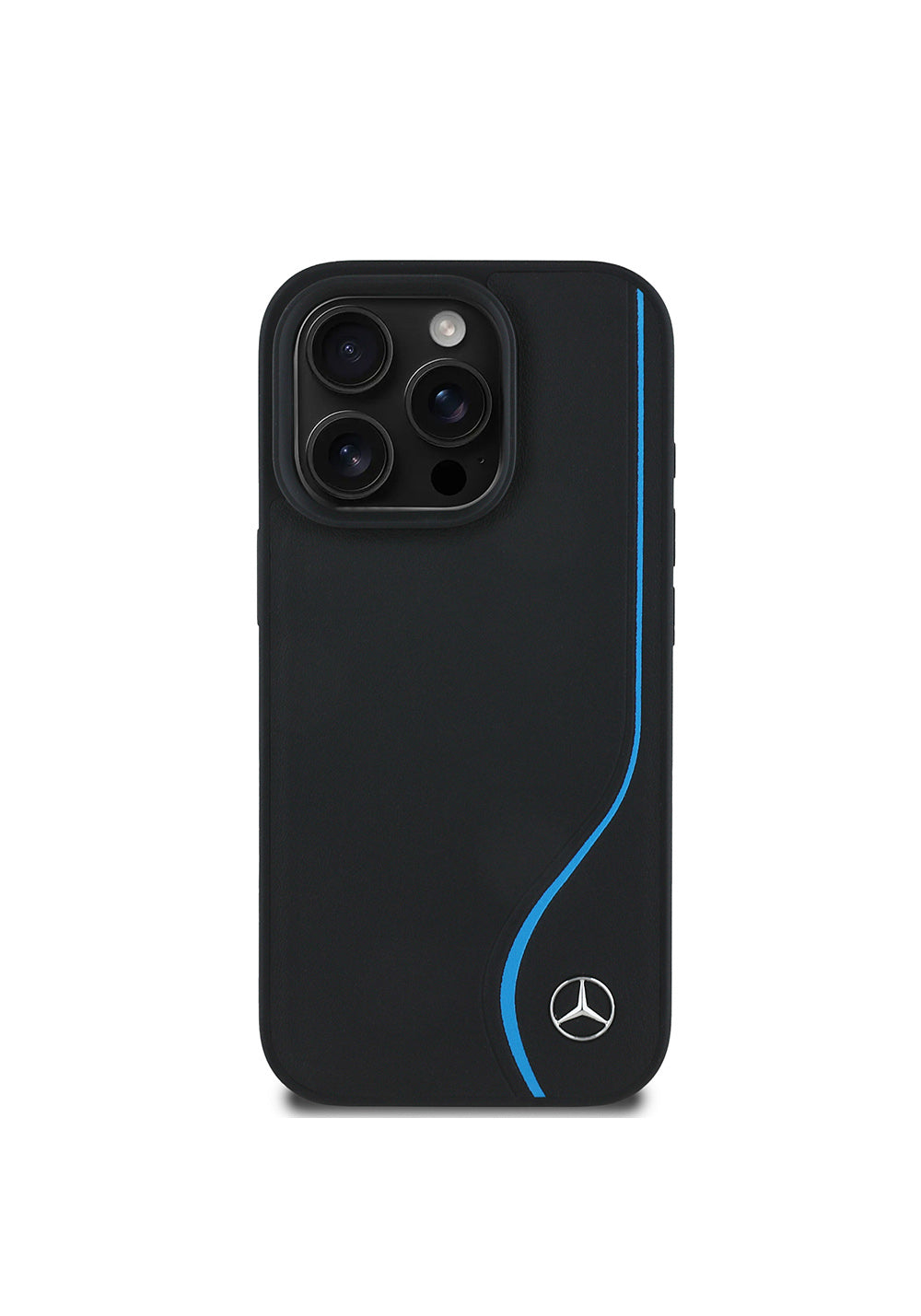 Apple iPhone 16 Pro Max Kılıf Mercedes Benz Orijinal Lisanslı Manyetik Şarj Uyumlu 3D Metal Logolu Mavi Dikey Eğri Çizgili Deri Kapak