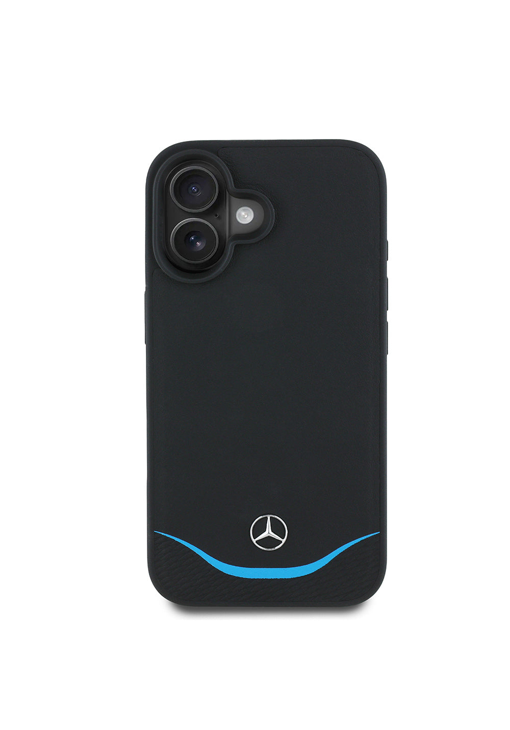 Apple iPhone 16 Kılıf Mercedes Benz Orijinal Lisanslı Manyetik Şarj Uyumlu 3D Metal Logolu Mavi Yatay Eğri Çizgili Deri Kapak