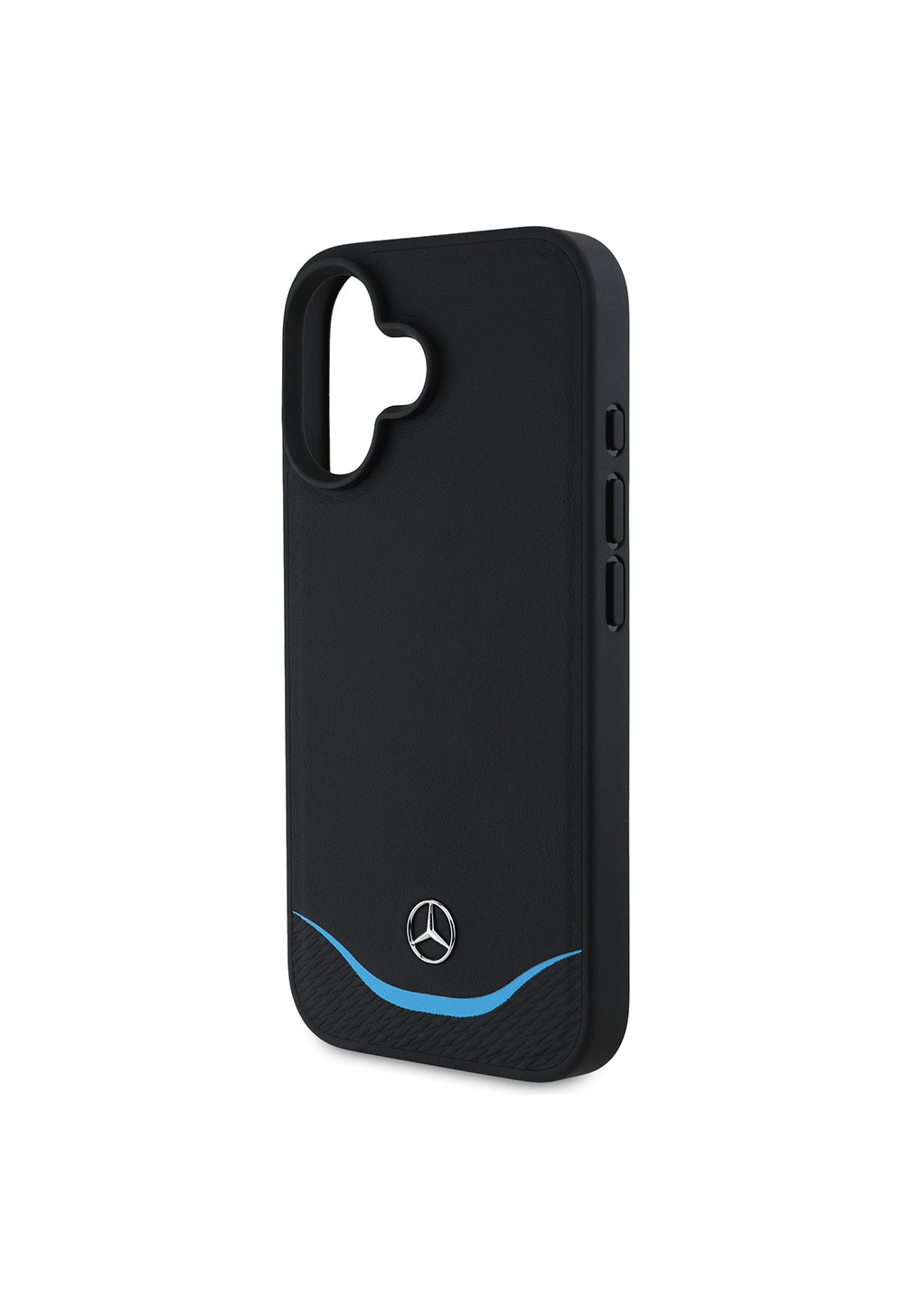 Apple iPhone 16 Kılıf Mercedes Benz Orijinal Lisanslı Manyetik Şarj Uyumlu 3D Metal Logolu Mavi Yatay Eğri Çizgili Deri Kapak
