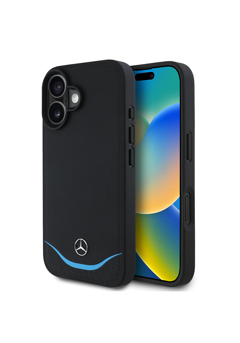 Apple iPhone 16 Kılıf Mercedes Benz Orijinal Lisanslı Manyetik Şarj Uyumlu 3D Metal Logolu Mavi Yatay Eğri Çizgili Deri Kapak