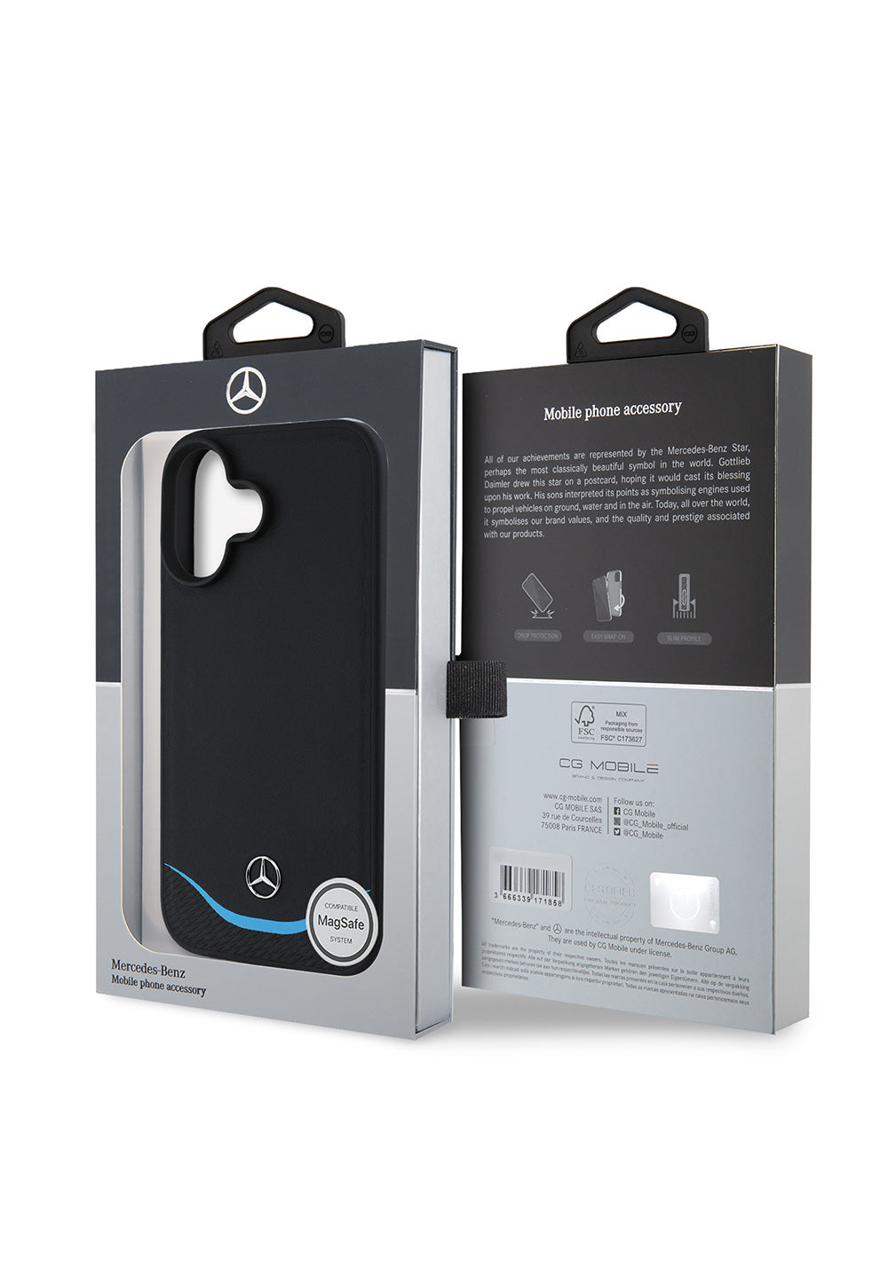 Apple iPhone 16 Kılıf Mercedes Benz Orijinal Lisanslı Manyetik Şarj Uyumlu 3D Metal Logolu Mavi Yatay Eğri Çizgili Deri Kapak