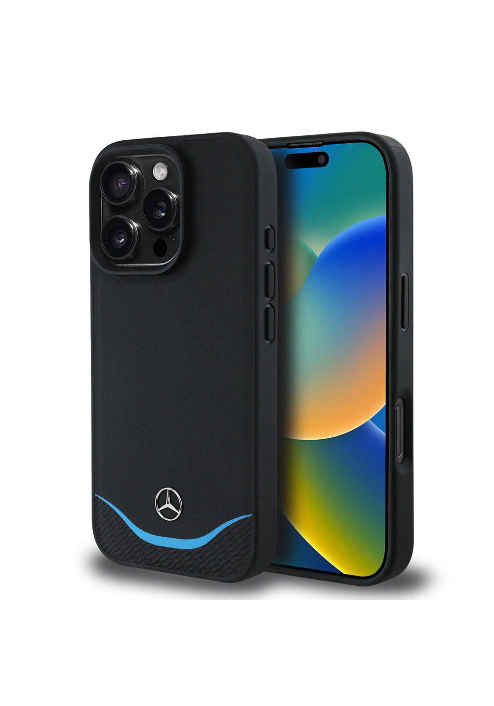 Apple iPhone 16 Pro Kılıf Mercedes Benz Orijinal Lisanslı Manyetik Şarj Uyumlu 3D Metal Logolu Mavi Yatay Eğri Çizgili Deri Kapak