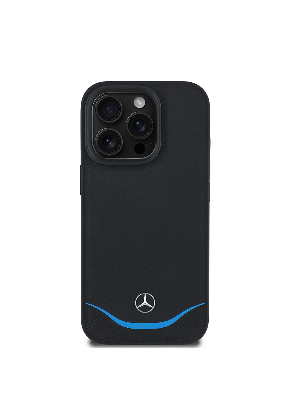 Apple iPhone 16 Pro Max Kılıf Mercedes Benz Orijinal Lisanslı Manyetik Şarj Uyumlu 3D Metal Logolu Mavi Yatay Eğri Çizgili Deri Kapak