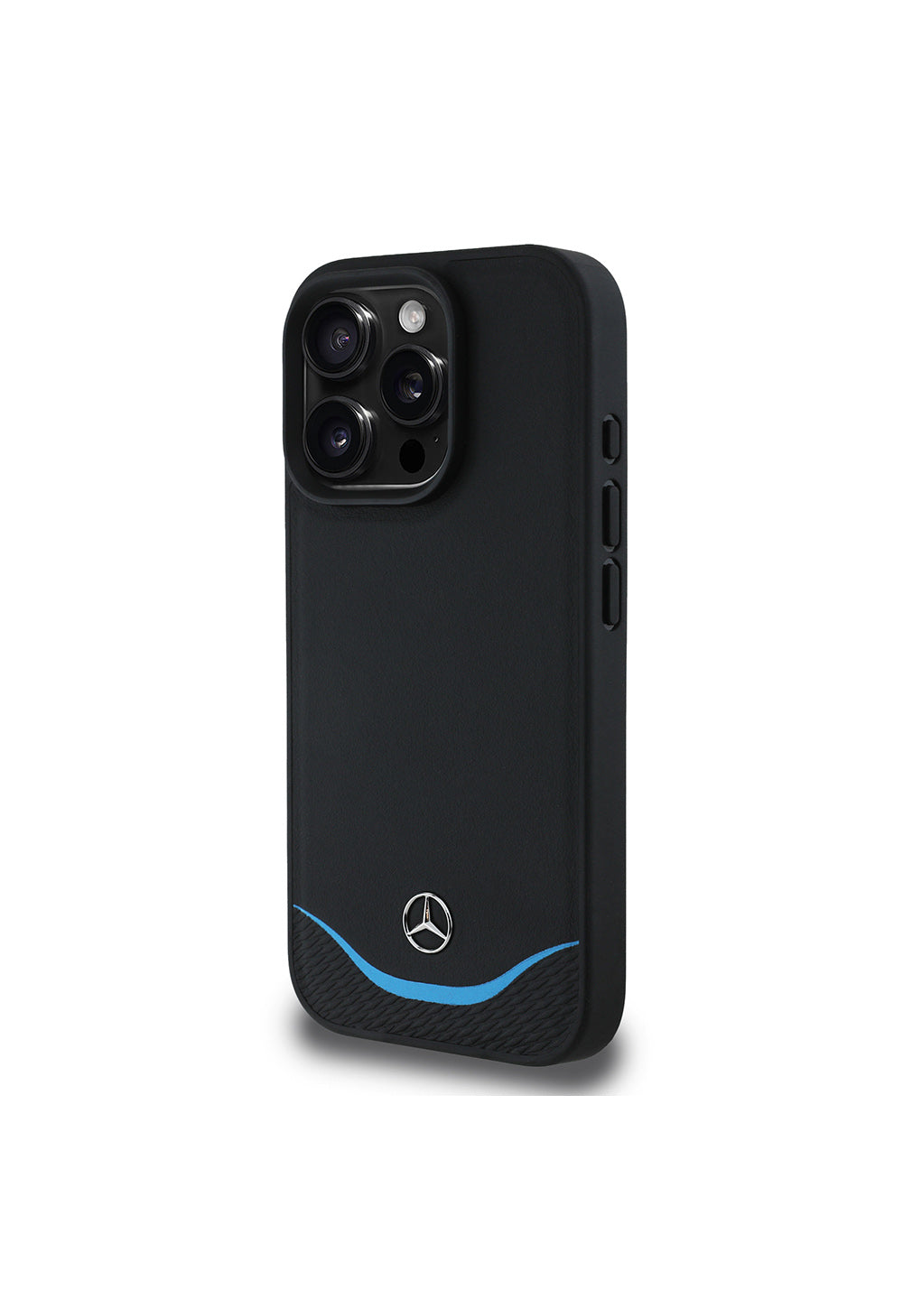 Apple iPhone 16 Pro Max Kılıf Mercedes Benz Orijinal Lisanslı Manyetik Şarj Uyumlu 3D Metal Logolu Mavi Yatay Eğri Çizgili Deri Kapak