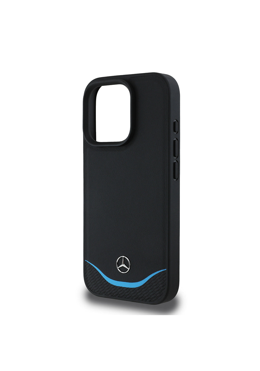 Apple iPhone 16 Pro Max Kılıf Mercedes Benz Orijinal Lisanslı Manyetik Şarj Uyumlu 3D Metal Logolu Mavi Yatay Eğri Çizgili Deri Kapak
