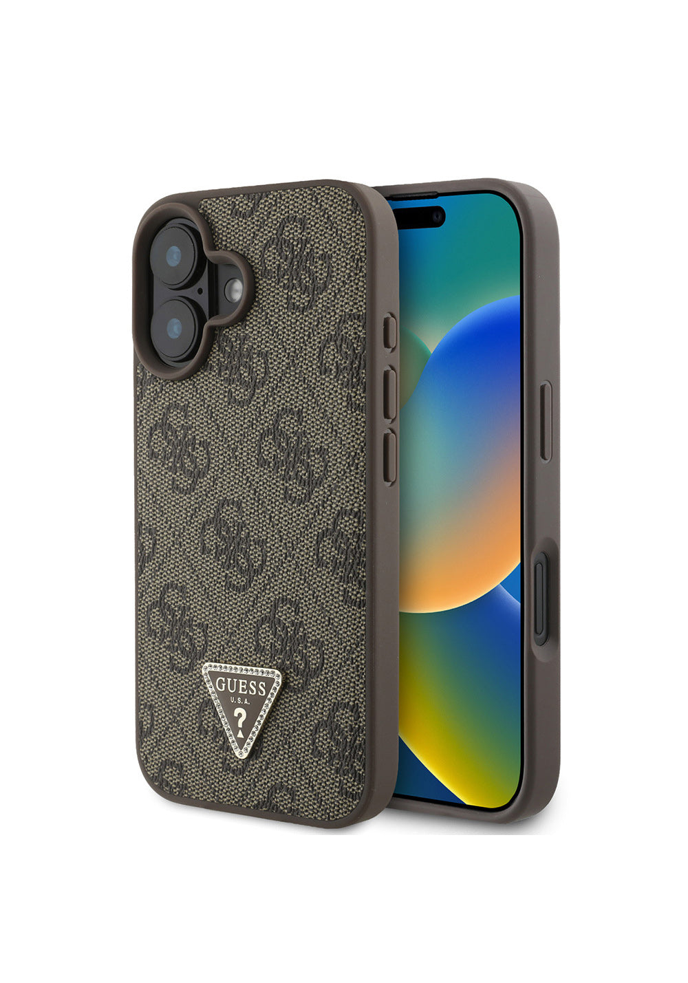 Apple iPhone 16 Kılıf Guess Orijinal Lisanslı PU Deri Taşlı Üçgen Logo 4G Desenli Strass Kapak