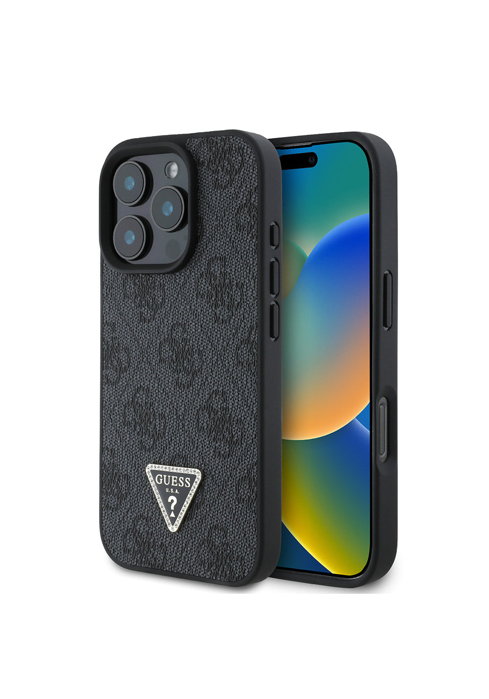 Apple iPhone 16 Pro Kılıf Guess Orijinal Lisanslı PU Deri Taşlı Üçgen Logo 4G Desenli Strass Kapak