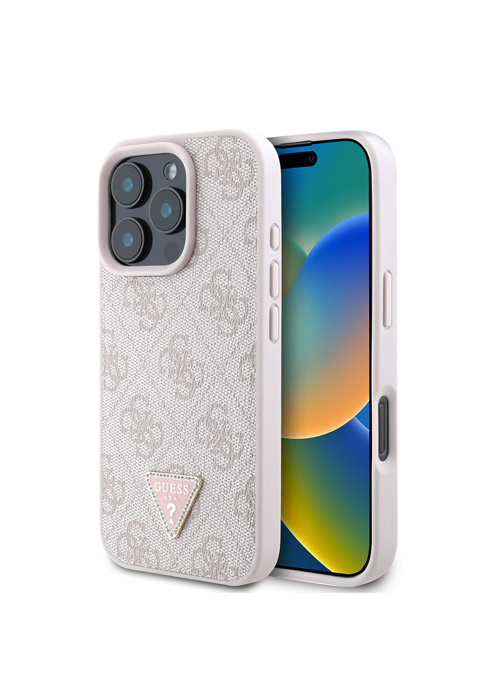 Apple iPhone 16 Pro Kılıf Guess Orijinal Lisanslı PU Deri Taşlı Üçgen Logo 4G Desenli Strass Kapak