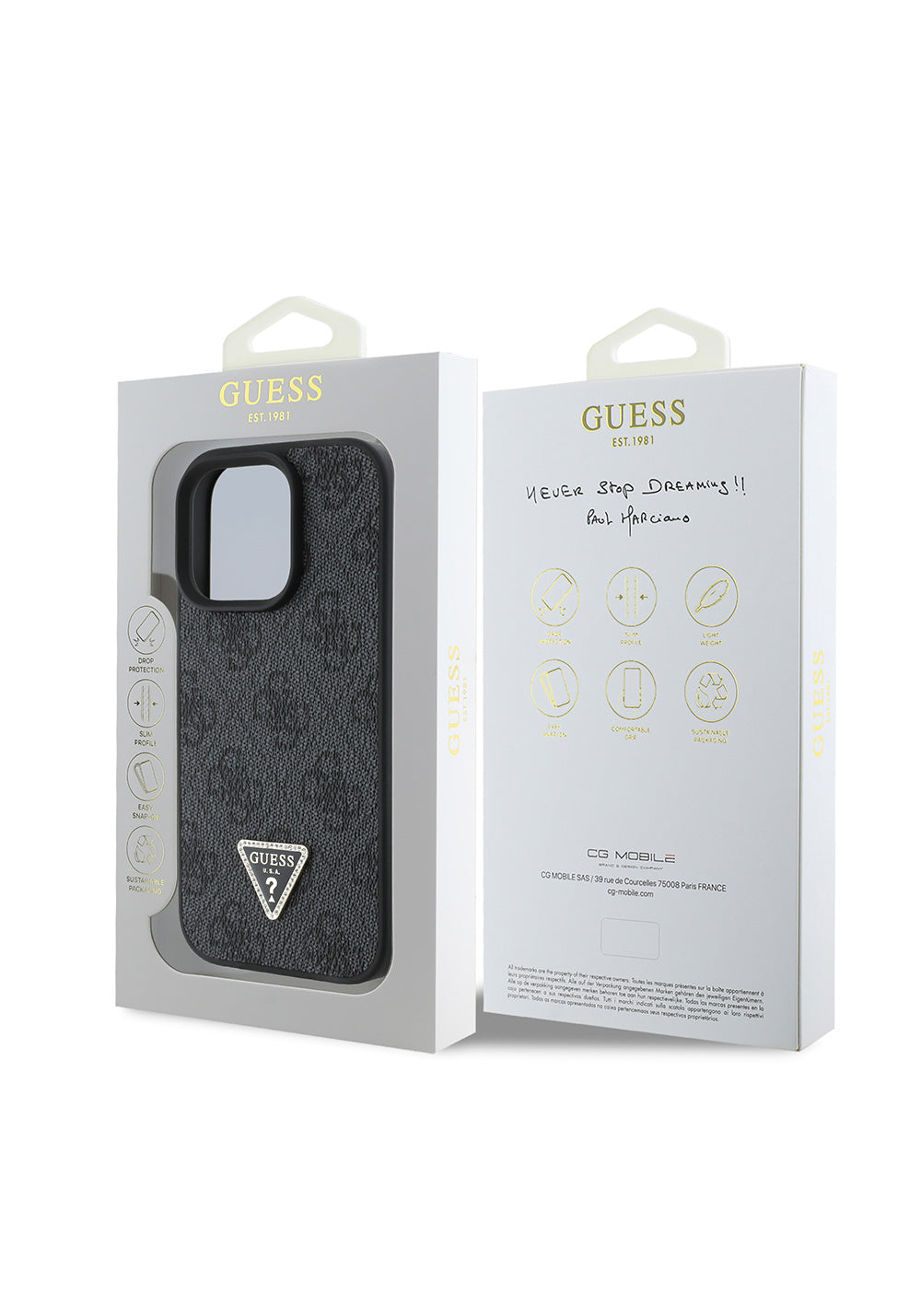 Apple iPhone 16 Pro Kılıf Guess Orijinal Lisanslı PU Deri Taşlı Üçgen Logo 4G Desenli Strass Kapak
